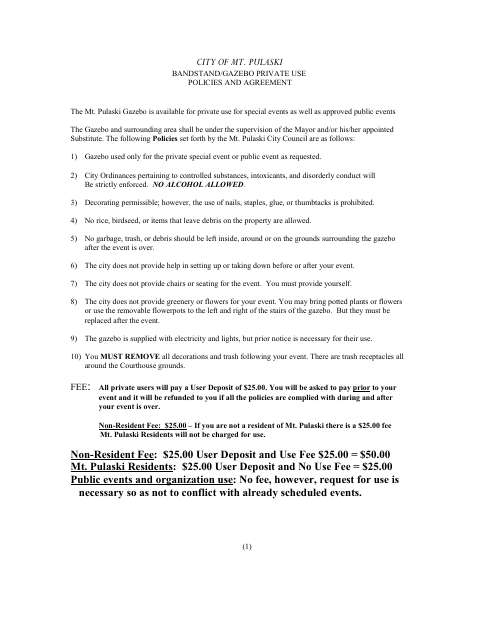 First page of the Bandstand/Gazebo Private Use Policies and Agreement