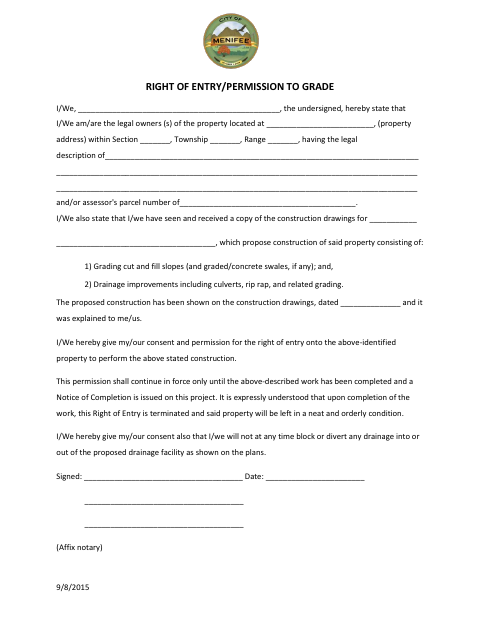 First page of the Permission To Grade Right Of Entry