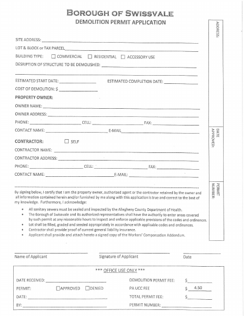 First page of the Demolition Permit Application