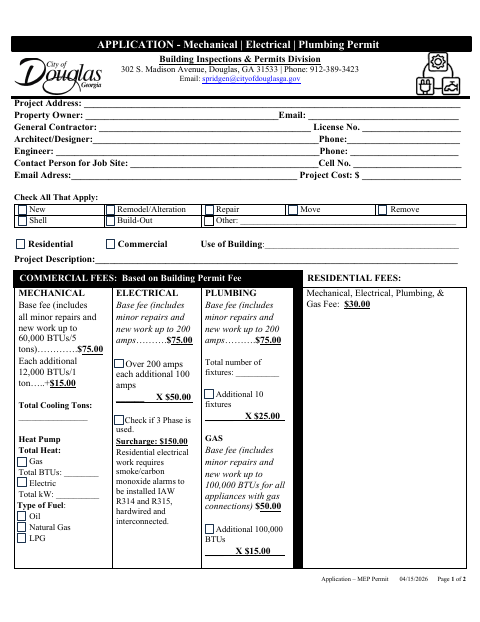 First page of the Mechanical, Electrical, Plumbing, and Gas Permit Application
