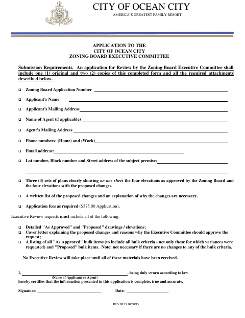 First page of the Zoning Board Executive Committee Application