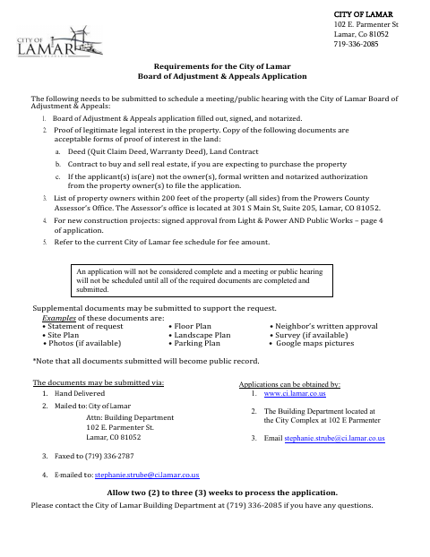First page of the Board of Adjustment & Appeals Application