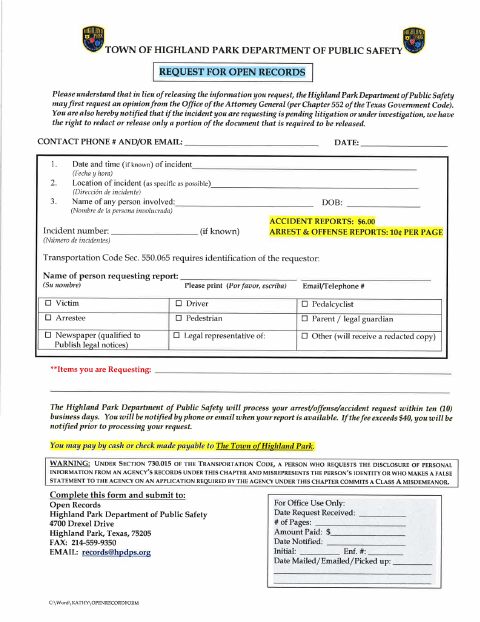 First page of the Public Information Request Form – Department of Public Safety