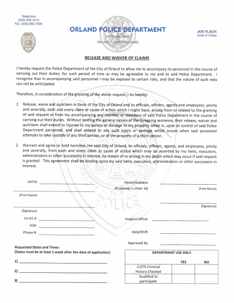 First page of the Ride Along Waiver