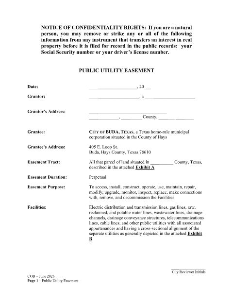 First page of the Public Utility Easement
