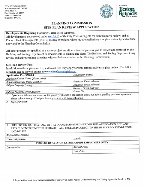 First page of the Planning Commission Site Plan Review Application