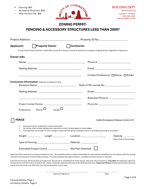 First page of the Zoning Permit for Fencing and Accessory Structures Under 200 Square Feet