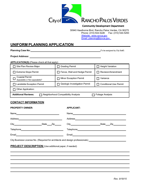 First page of the Uniform Planning Application