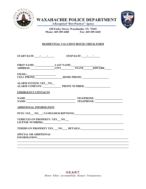 First page of the Residential Vacation House Check Form