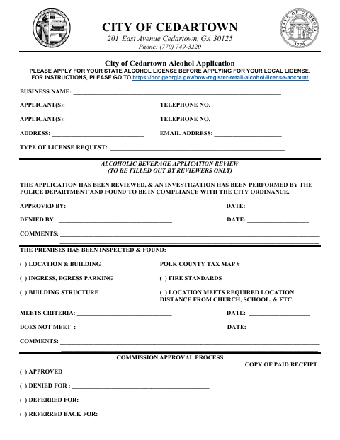 First page of the Alcohol License Application