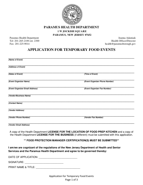 First page of the Application for Temporary Food Events