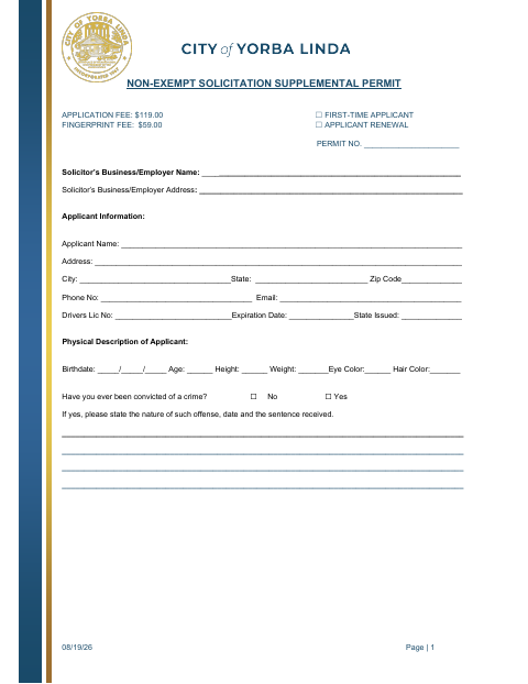 First page of the Non-Exempt Solicitation Supplemental Permit Application