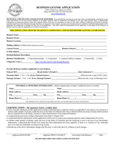 First page of the Business License Application