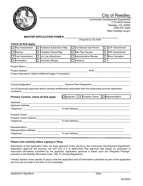 First page of the Master Application Form