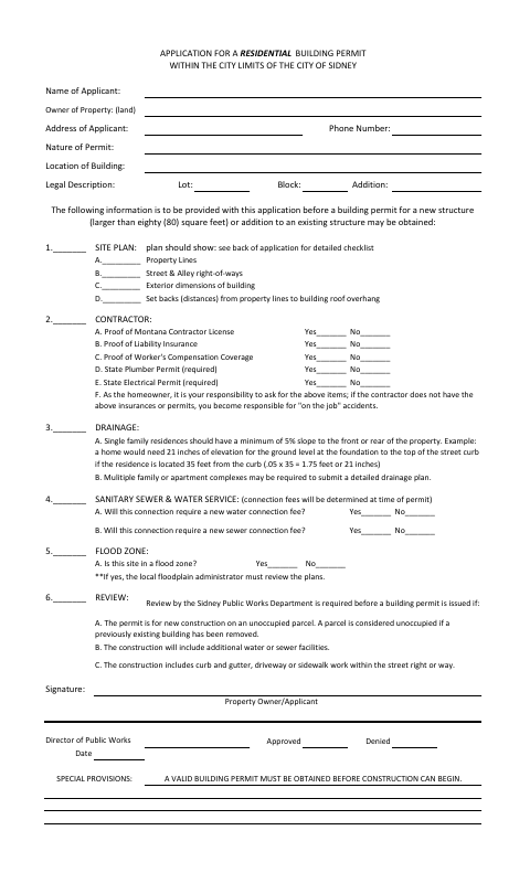 First page of the Residential Building Permit Application