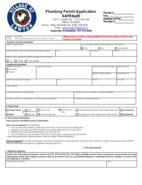 First page of the Plumbing Permit Application