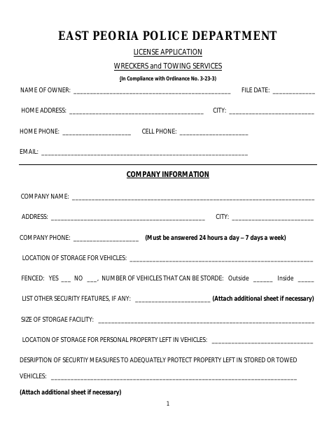 First page of the Wrecker and Towing Services License Application
