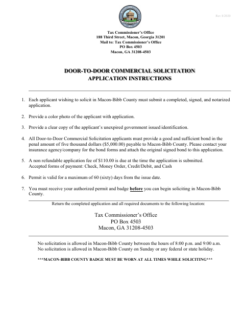 First page of the Door-to-Door Commercial Solicitation Application