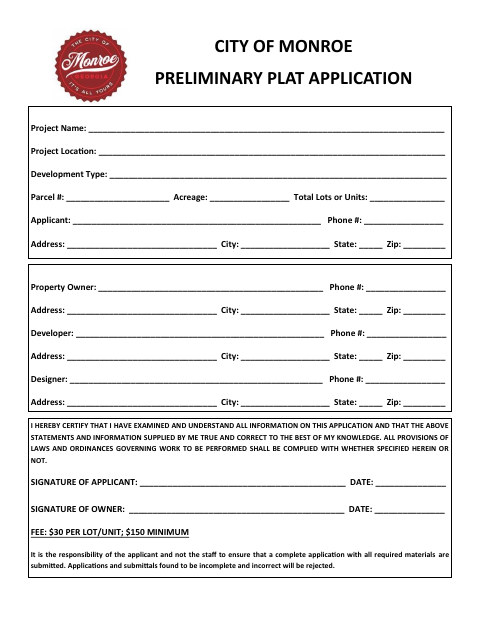 First page of the Preliminary Plat Application