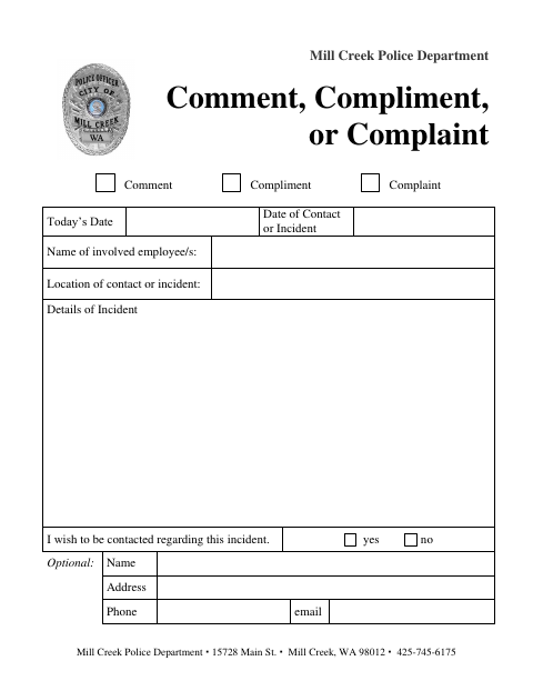 First page of the Police Department Comment, Compliment, or Complaint