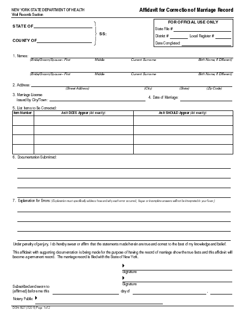 First page of the Affidavit for Correction of Marriage Record