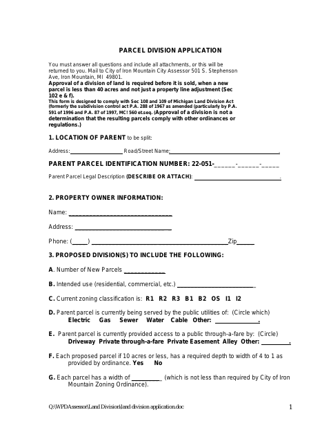 First page of the Land Division Application