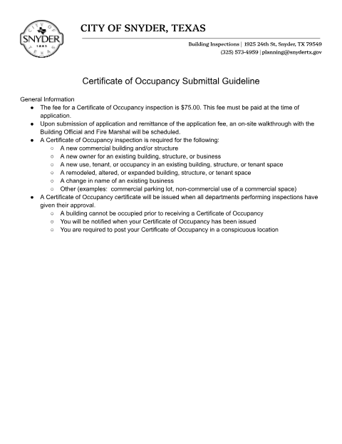 First page of the Certificate of Occupancy Application