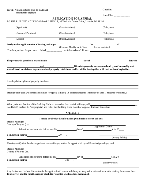 First page of the Building Code Appeal Application