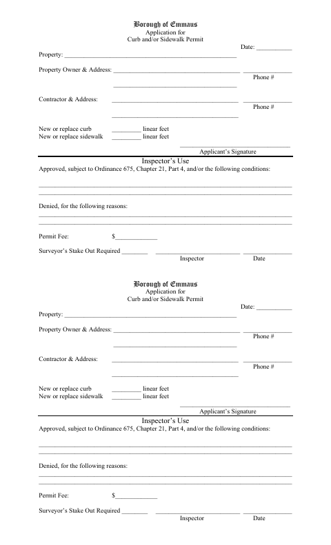 First page of the Curb and/or Sidewalk Permit Application