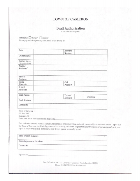 First page of the Bank Draft Authorization