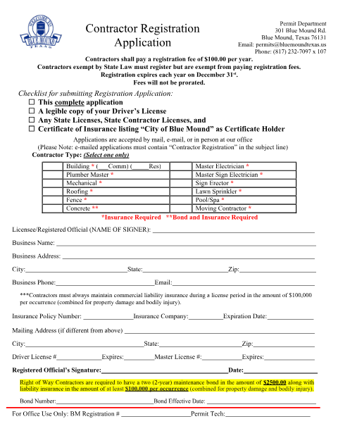 First page of the Contractor Registration Application