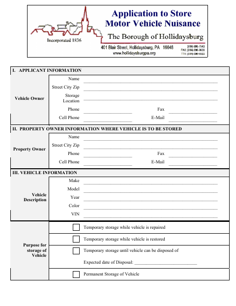 First page of the Application for Storage of Motor Vehicles Nuisance
