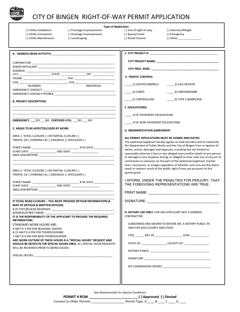 First page of the Right-of-Way Permit Application