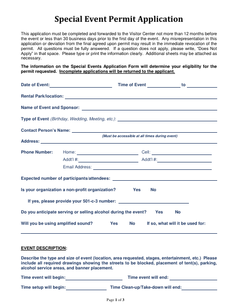 First page of the Special Event Permit Application
