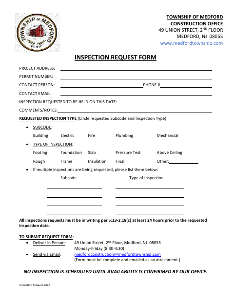 First page of the Inspection Request Form