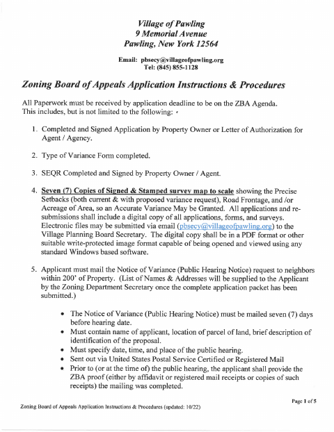 First page of the Zoning Board of Appeals Application