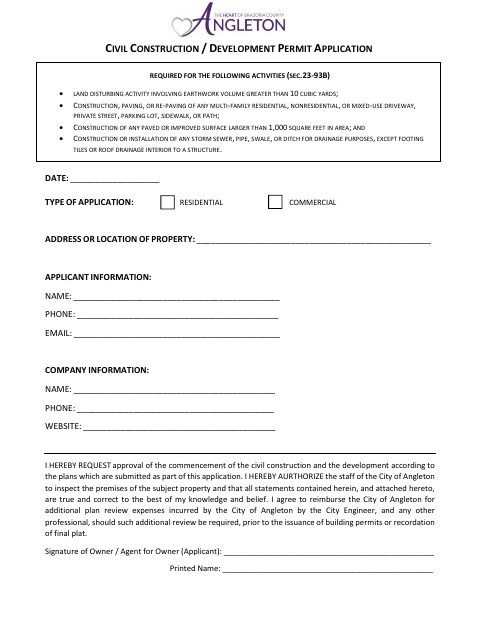 First page of the Civil Construction / Development Permit Application