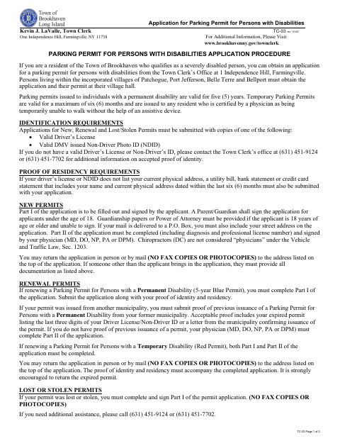 First page of the Application for Parking Permit for Persons with Disabilities