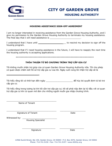 First page of the Housing Assistance Sign-Off Agreement