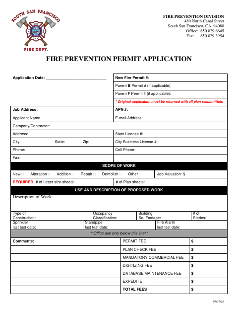 First page of the Fire Prevention Permit Application