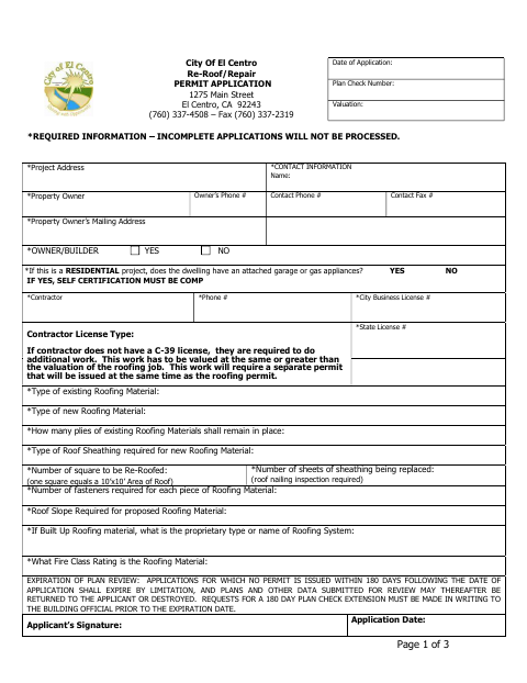 First page of the Re-Roof/Repair Permit Application