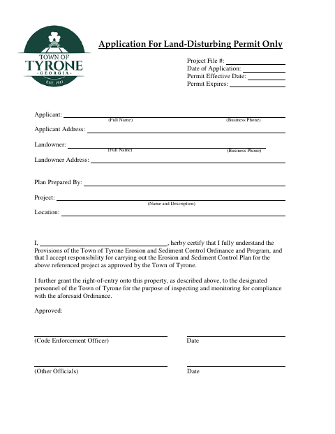 First page of the Application for Land-Disturbing Permit Only
