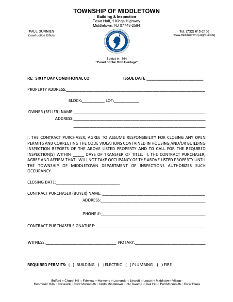 First page of the 60-Day Conditional Residential Certificate of Occupancy