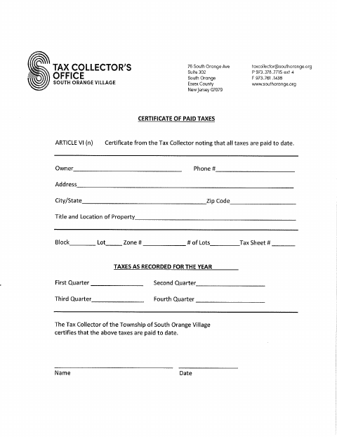 First page of the Certificate of Paid Taxes