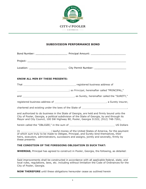 First page of the Subdivision Performance Bond