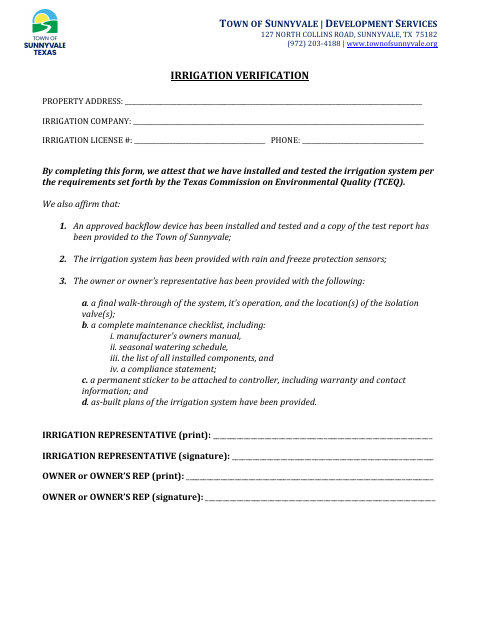 First page of the Irrigation Verification