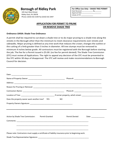 First page of the Application for Permit to Prune or Remove Shade Tree