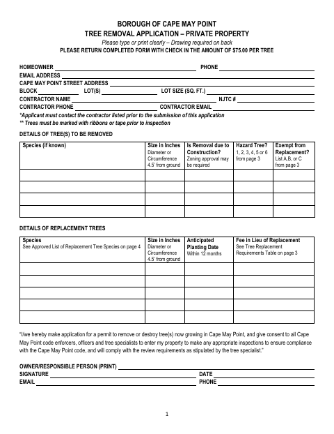 First page of the Tree Removal Application – Private Property
