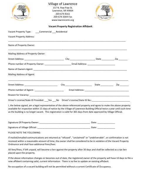 First page of the Vacant Property Registration Affidavit