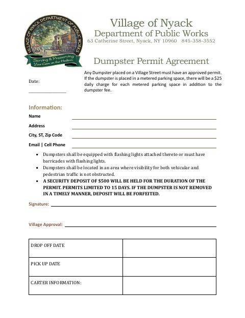 First page of the Dumpster Permit Agreement